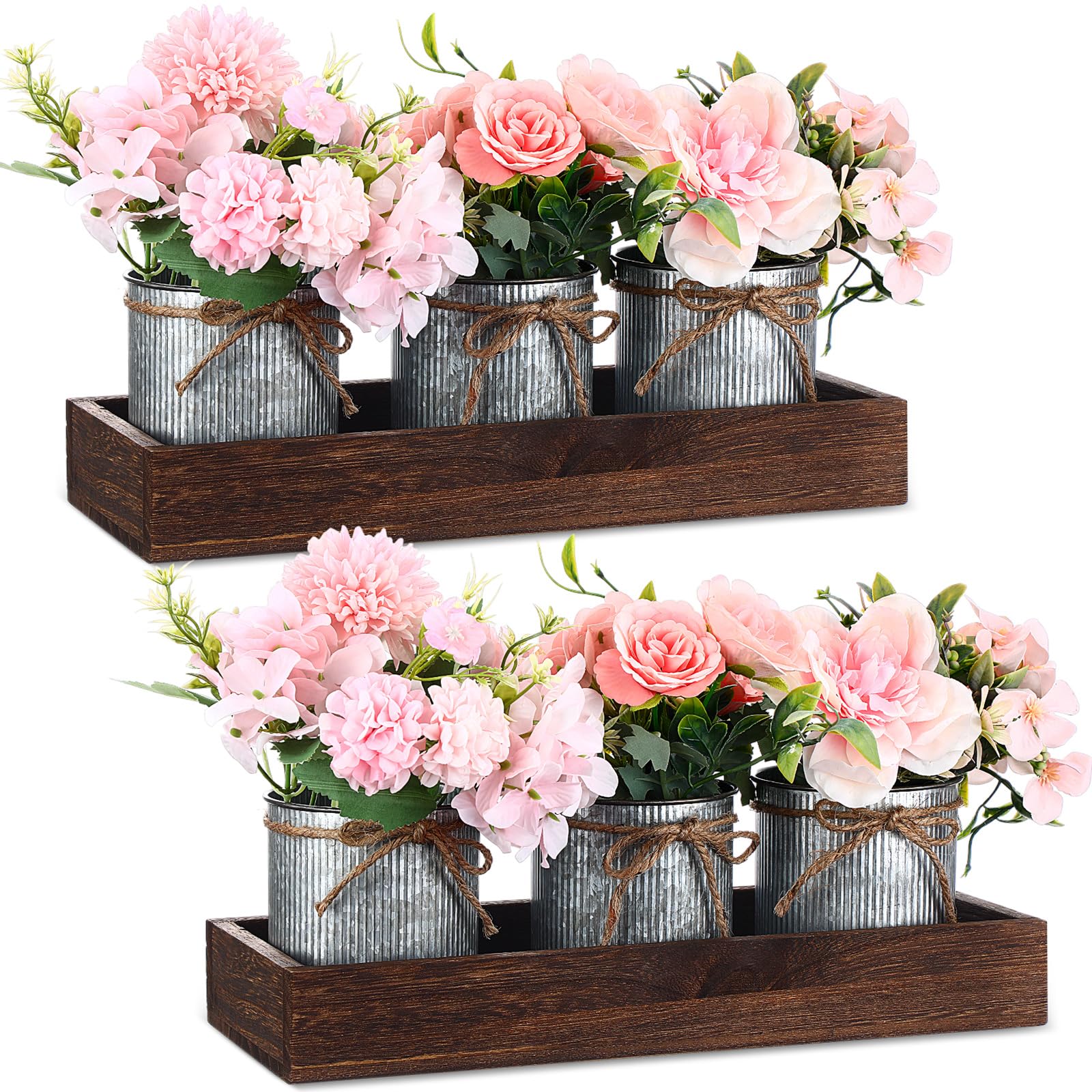 Riceshoot 2 Set Farmhouse Table Decor Dining Room Centerpiece 2 Pcs Wood Tray with 6 Pcs Galvanized Metal Pots Artificial Flower Mason Jar Centerpiece for Party(Pink)