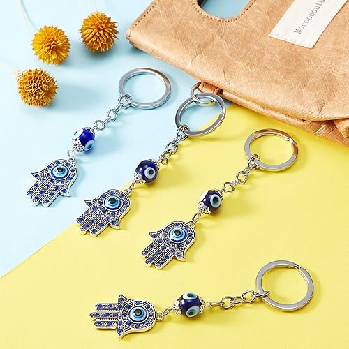 Vista 4 de Llavero de mano Hamsa, 5 piezas, llavero plateado contra el mal de ojo, dijes de protección de fatiga, azul de buena suerte, llavero para fijar a