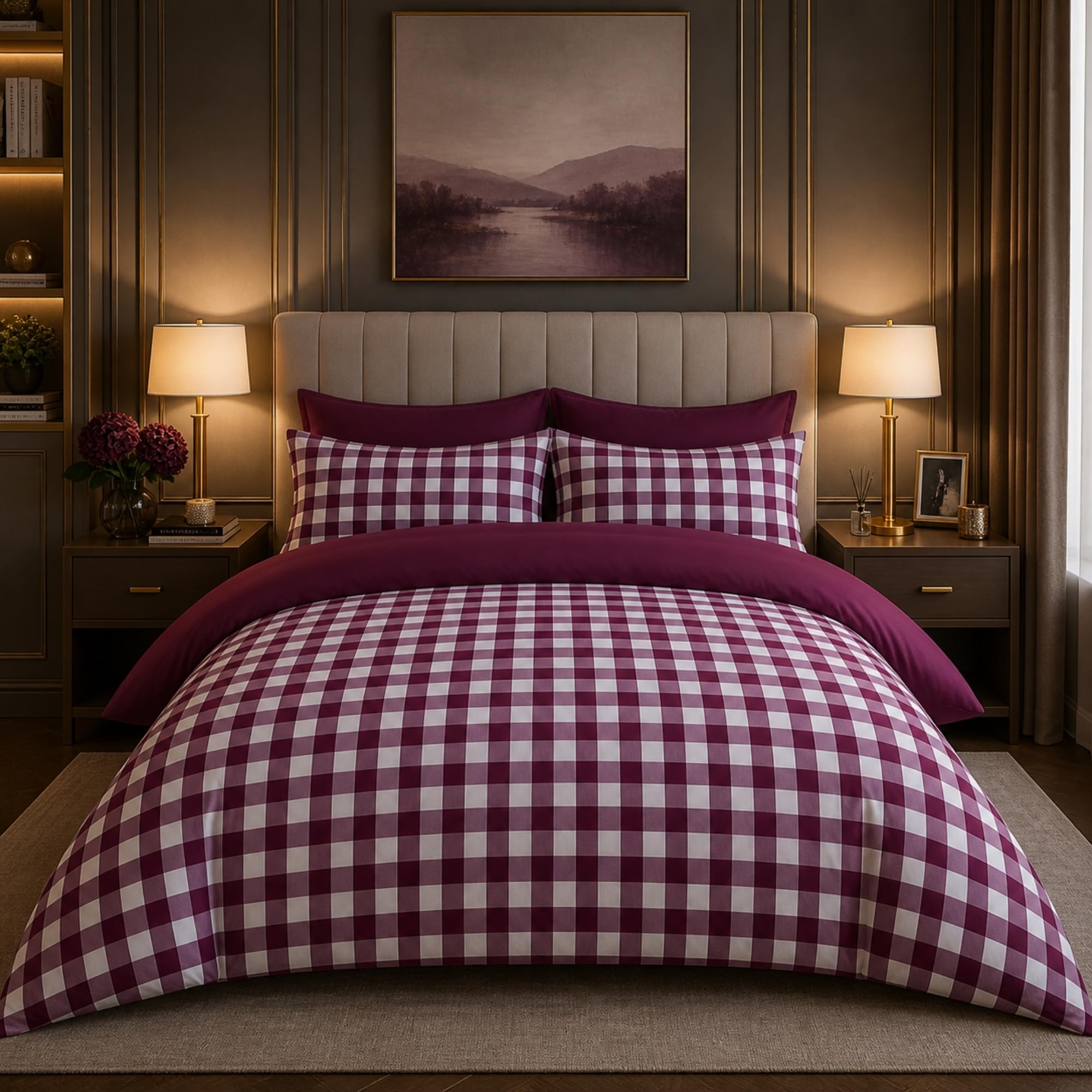Dolce Vari Gingham Moor Check Microfibre Duvet Cover Set – Reversible Checked Quilt Cover with Matching Pillowcases – Soft, Lightweight Bedding Set – Easy-Care & Durable (MULBERRY, Double)