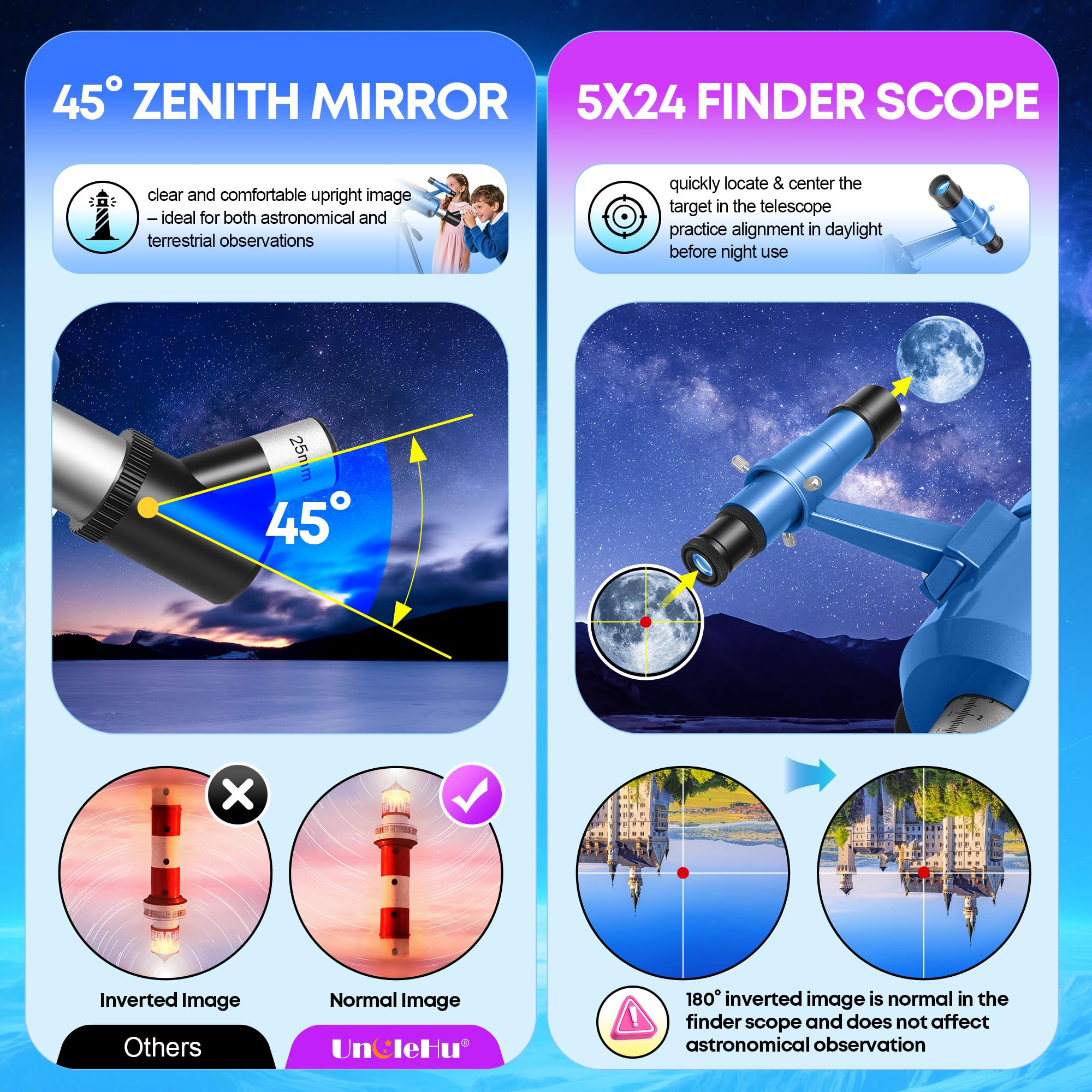 UncleHu Telescopio Astronomico Per Adulti E Bambini Principianti, 22X-165X, Telescopio Riffrattore Astronomico 90/550mm Con Sgabello Pieghevole&Treppiede&Adattatore Per Smartphone E Borsa Da Trasporto