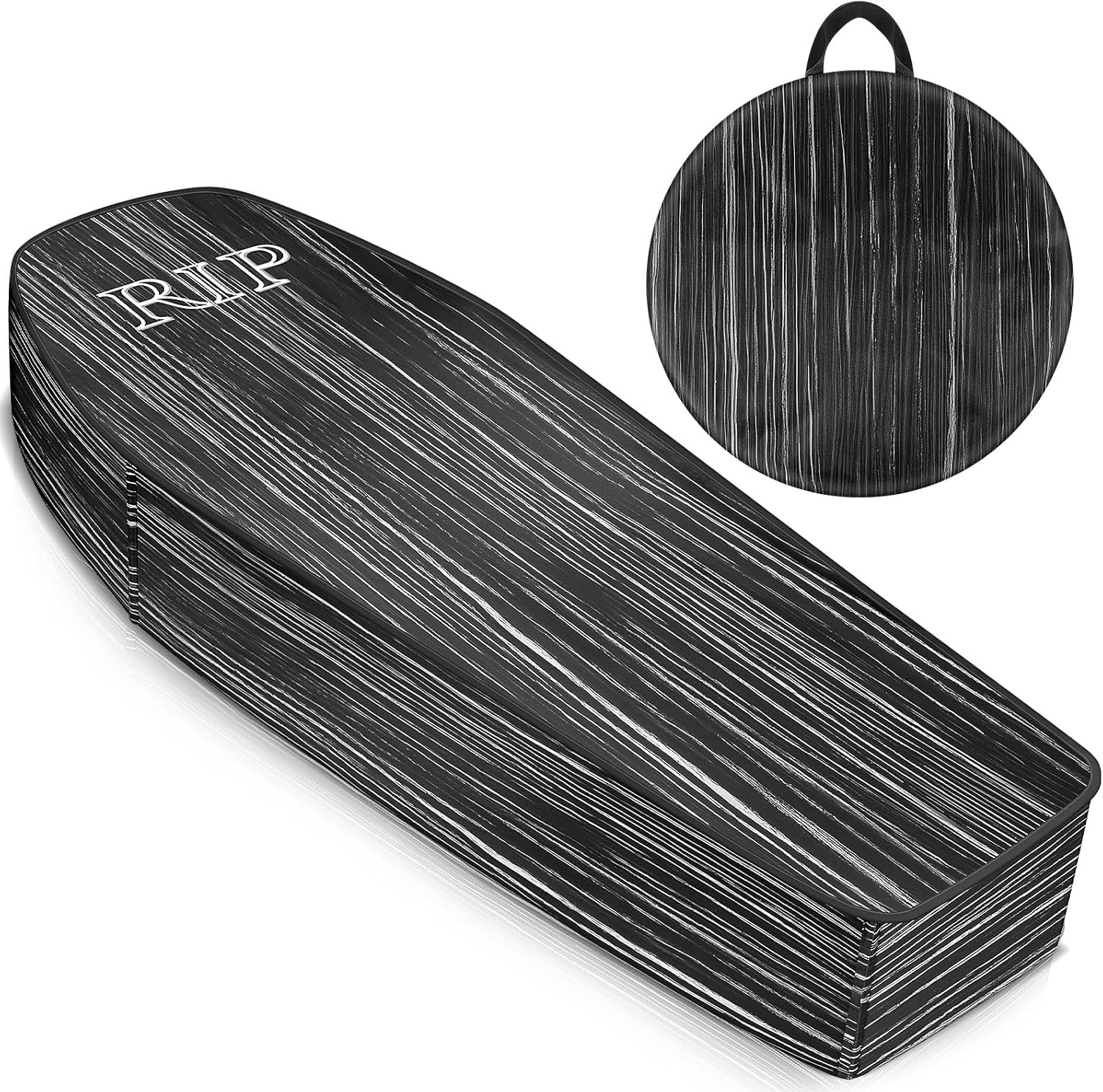 Liliful Halloween Cemetery Pop up Coffin with Lid, 60 Inch Collapsible Coffin Prop Life Size, Scary Fake Coffin Fabric Coffin for Graveyard, Halloween Decoration, Lawn, Party, House (Wooden,1 Pcs) Wood Grain Style