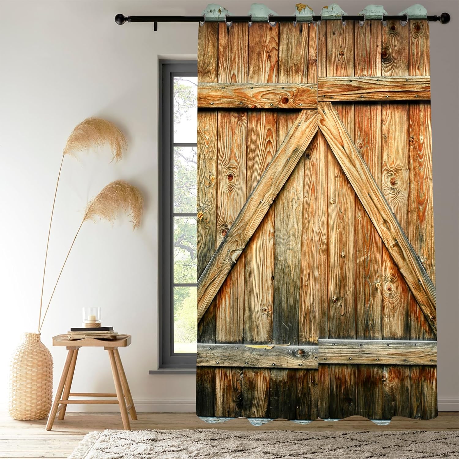 Renaiss Wooden Barn Door Curtains, Rustic Wood Vintage Planks Old Farmhouse Barn Doors Texture 63" H x 53" W Set of 2 Panels Grommet Bedroom Living Room Blackout Window Drapes
