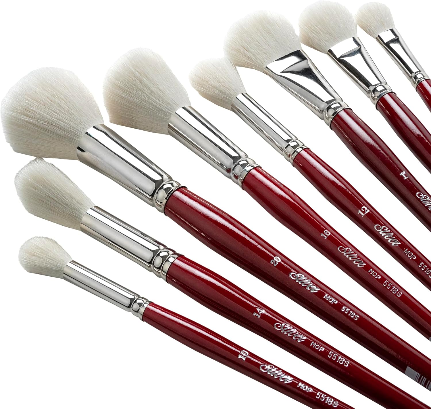 Silver Brush Limited MP-5663S Silver Mops Short Handle Round and Oval White Mops Brushes with Super-Soft Organic Hair, 8pc Professional Painting Set for Oil, Acrylic, Watercolor, Pastels, & Charcoal