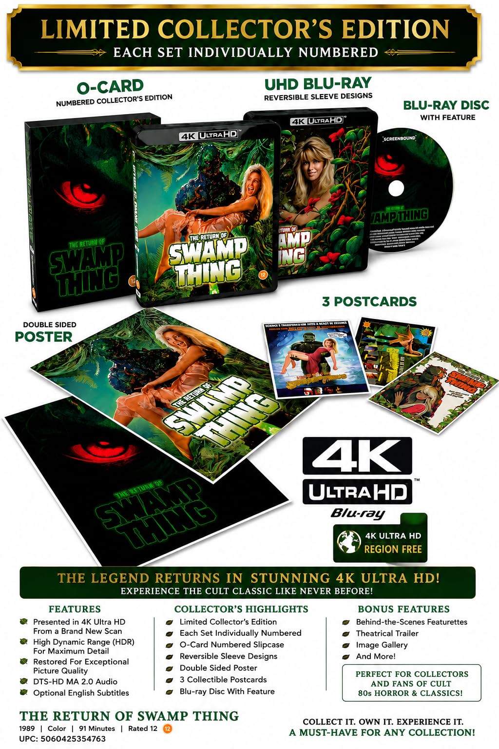 The Return of Swamp Thing Limited Collector's Edition 4K Ultra HD Blu-ray – Numbered O-Card Slipcase – Region Free UHD – Poster, Postcards & Reversible Sleeve