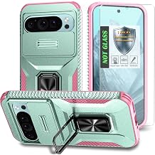 for Pixel 9/9 Pro Case,with Sliding Camera Lens Cover,HD Screen Protector,360 Rotating Ring Kickstand, Military-Grade Shockproof Protective Cover for Google Pixel 9/9 Pro,Mint+Pink