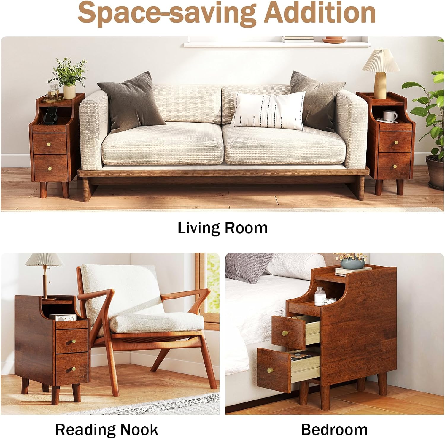 KOMFOTT Narrow Nightstand with Drawers, Solid Wood Bedside Table with Pull-Out Tray & 2 Storage Drawers, Slim Sofa End Table with Cable Management for Small Spaces, Bedroom (Brown)