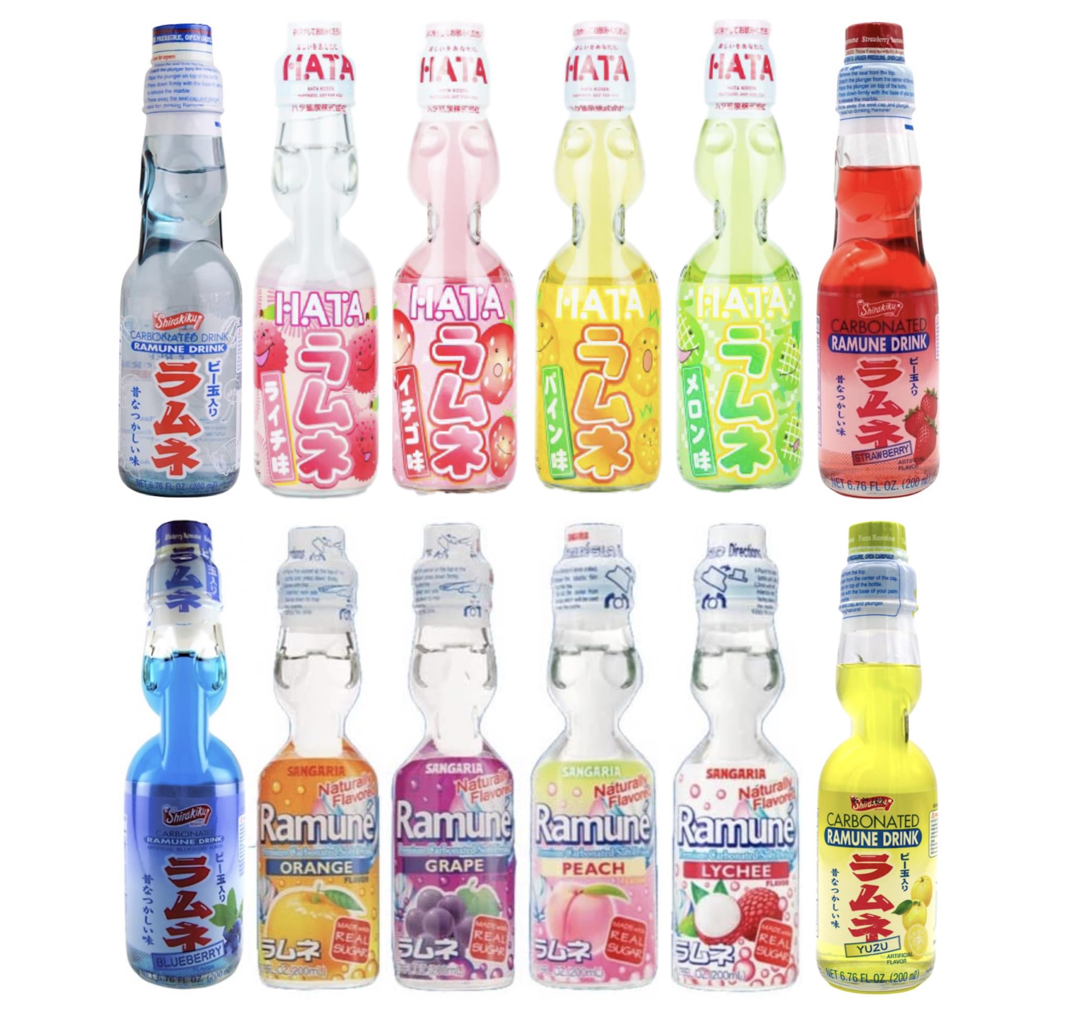 Ramune Japanese Soda Variety - Hata | Sangaria | Shirakiku (10 Flavors | 12 Pack)