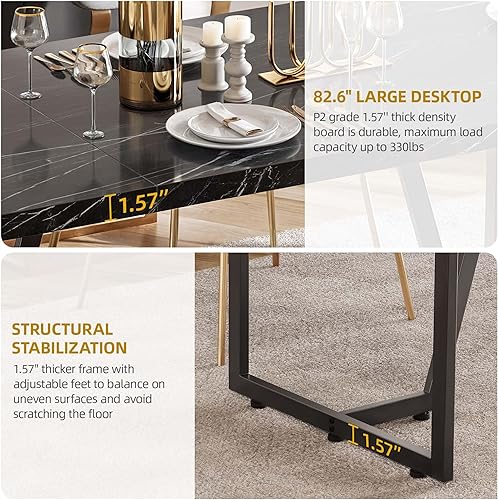 Miniatura 5 de DWVO Mesa de comedor grande y moderna de 82.6 pulgadas para 8-10 personas, mesa de comedor rectangular negra con mesa de mármol sintético y patas de