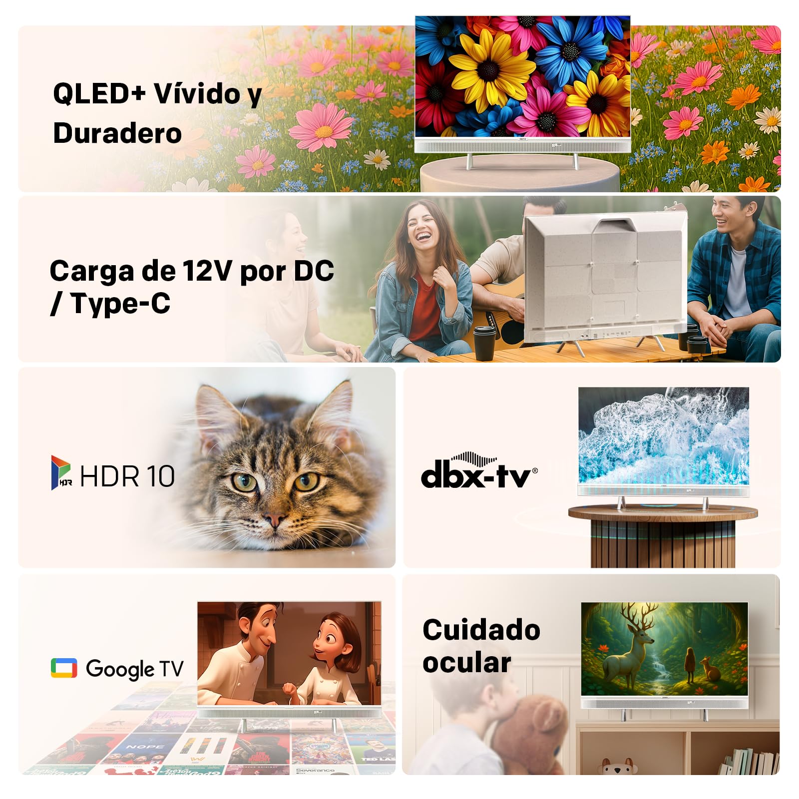 Metz 32 Pulgadas QLED Smart TV Portátil, 32MQE7100Z Google Television, HD, HDR10, 2x10W Potentes Altavoces Frontales, DBX, Dolby Audio, USB-C, Chromecast, Trabajar con Google Assistant, Blanco, 80cm