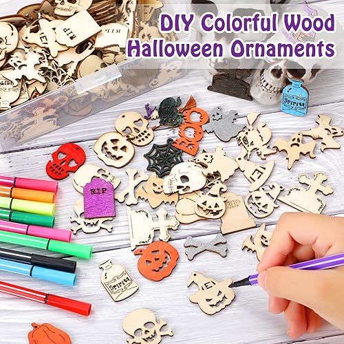 Miniatura 4 de 200 piezas de mini adornos de madera sin terminar, Halloween, Navidad, bricolaje, mini recortes de madera en blanco con caja de almacenamiento y