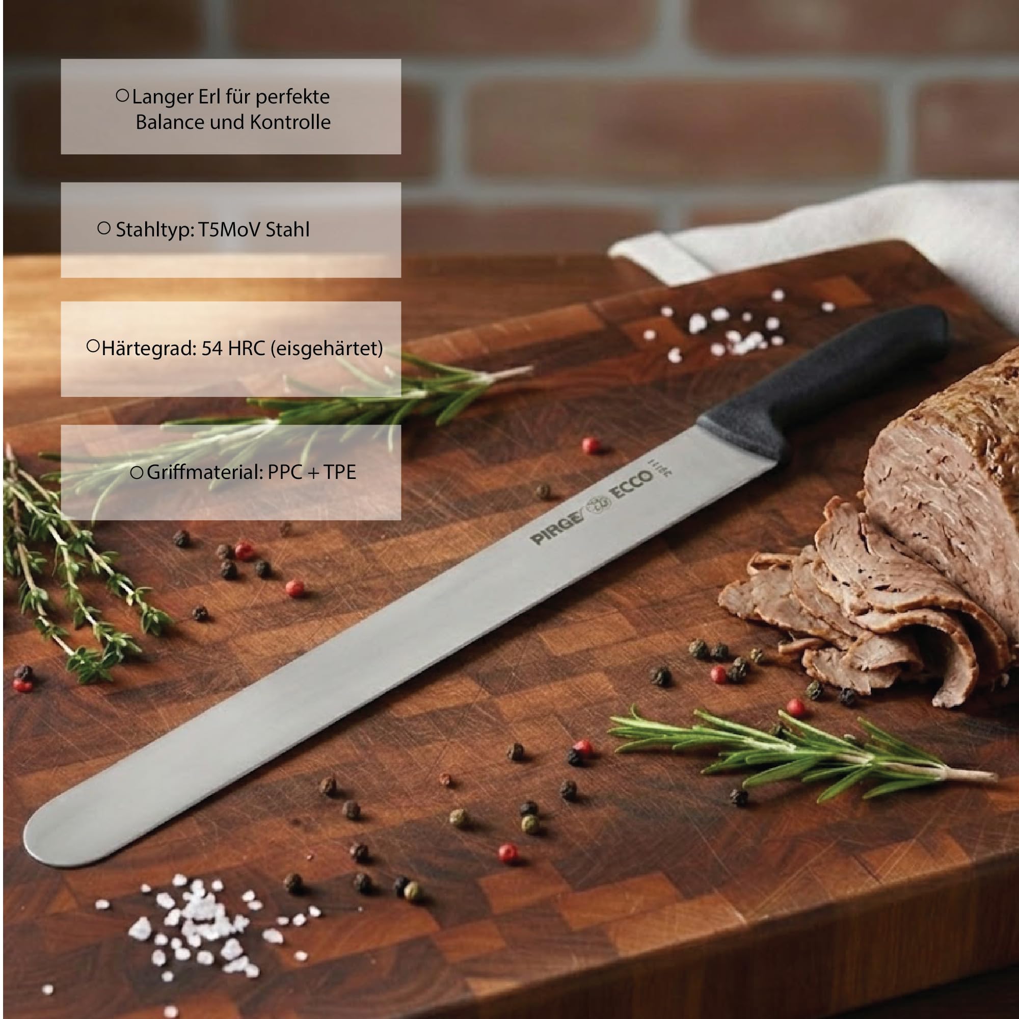 Pirge Ecco Dönermesser 50 cm Schwarz Harter Stahl - Aufschnittmesser - Schärfstes Döner Langmesser - Fleischmesser - BBQ Messer - Edelstahl Profi Küchenmesser - Ergonomisches Griffdesign