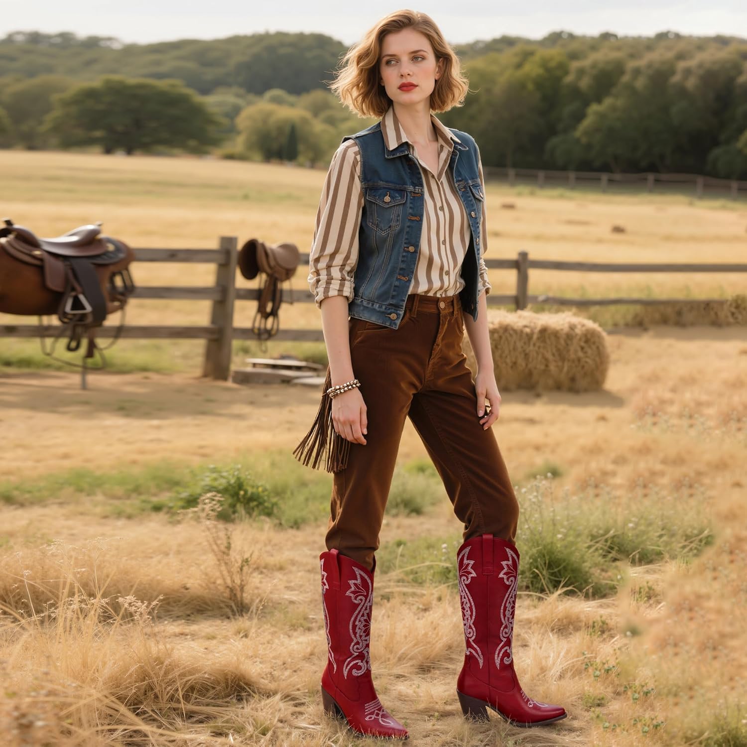 Modatope Knee High Cowboy Cowgirl Boots Embroidered Tall Western Boots for Women with Block Chunky Heel Pointed Toe and Slip on Design - Image 3