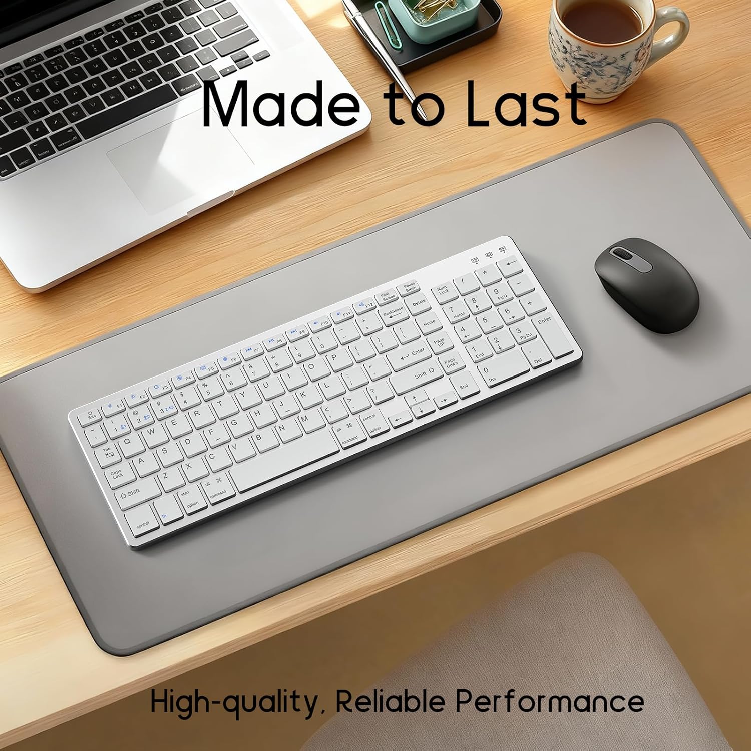 JKSML Wireless Keyboard with 102 Keys, Bluetooth and 2.4 GHz Wireless, Low Profile, Number Pad, Fluid Quiet Typing, 12 Programmable Keys, USB C Rechargeable, for Phone, Tablet, PC, Laptop, TV - White