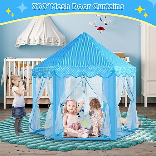 Miniatura 6 de Monobeach Princess Castle Playhouse para niñas, tienda de campaña grande con luces de estrella para jugar en interiores y exteriores, 55 x 53
