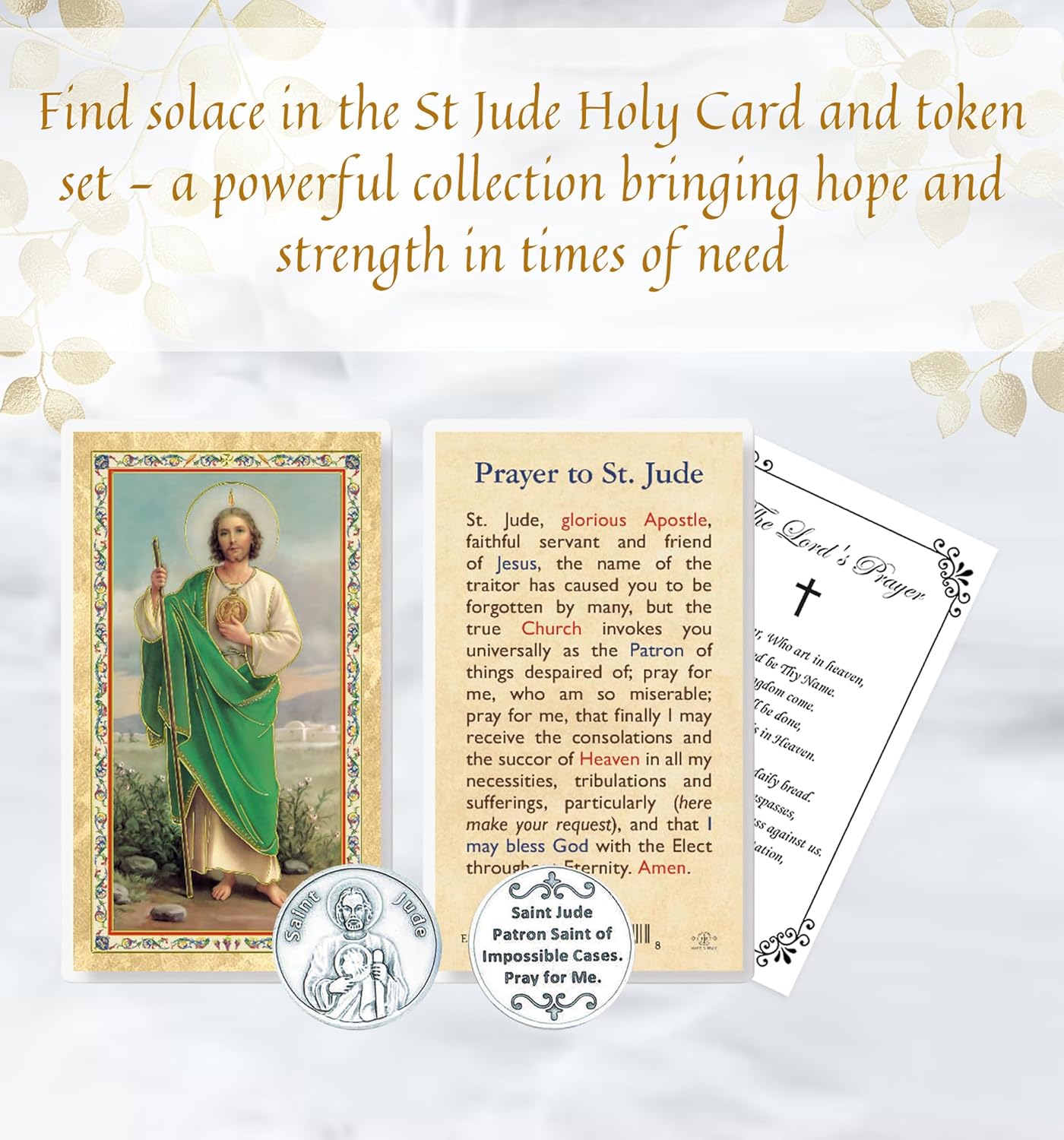 St Jude Holy Card - Laminated Healing Themed Cardstock, The Lord's Prayer Card - Saint Jude Token, Patron Saint of Lost Causes Catholic Set - 3 Items - Image 2