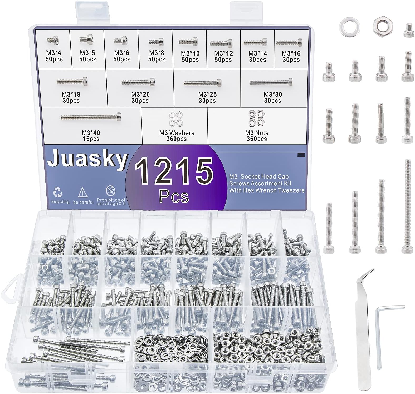1215pcs M3 Hex Socket Head Cap Screws Bolts Nuts Assortment Kit, 304 Stainless Steel Screws, with Hexagonal Wrench, Tweezers.