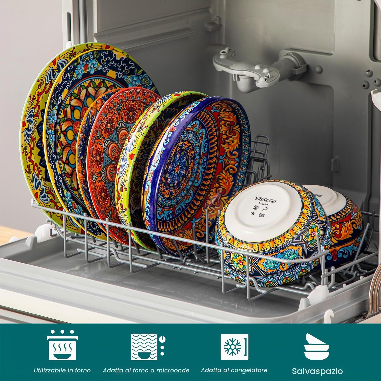 Servizio di Piatti per 6 Persone in Ceramica, vancasso KRVI 24 Pezzi Set di Porcellana Moderna, Servizio da Tavola Stile Bohémien, Set Piatti e Ciotole, Servizio Combinato Colorato
