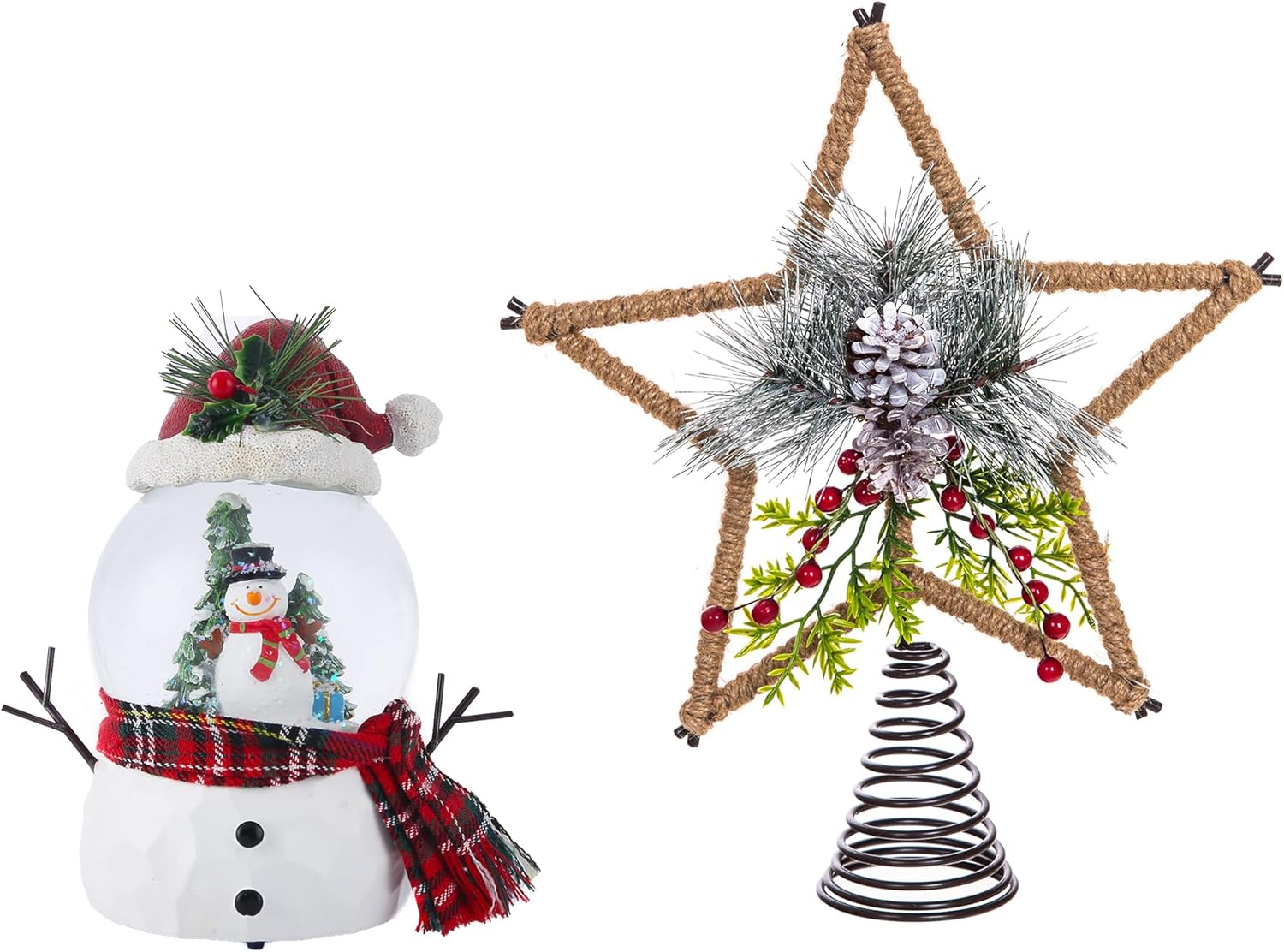 Christmas Snowman Snow Globe for Kid & Adult, Glitter Music Glass Water Ball Decoration for Home & Office & Bar, 7'' H Globe 100mm Ball Christmas Star Tree Topper Decoration Set of 2