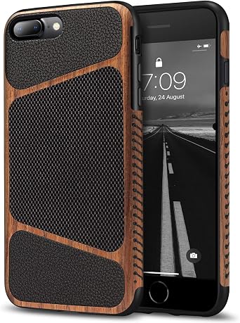 Tasikar Compatible with iPhone 7 Plus and iPhone 8 Plus Case, Wood Grain and Nylon Fabric Leather Design, Slim Profile, Wireless Charging, Black, Hybrid Case