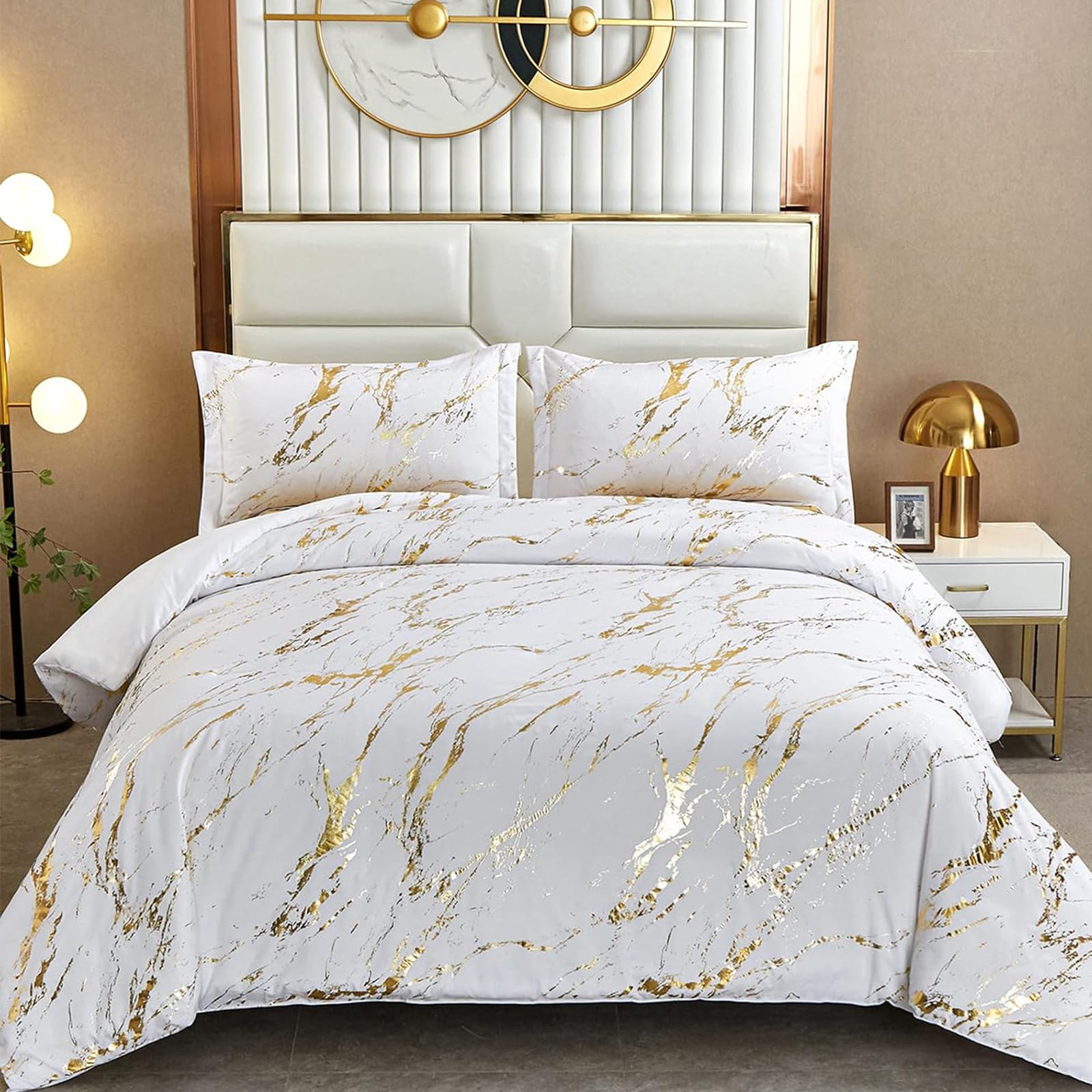 White Gold Metallic Marble Duvet Cover Set Double Foil Print Glitter Duvet Cover with 2 Pillowcases for All Seasons Soft Microfiber Filling Bedding Sets 200x200 cm — image 1