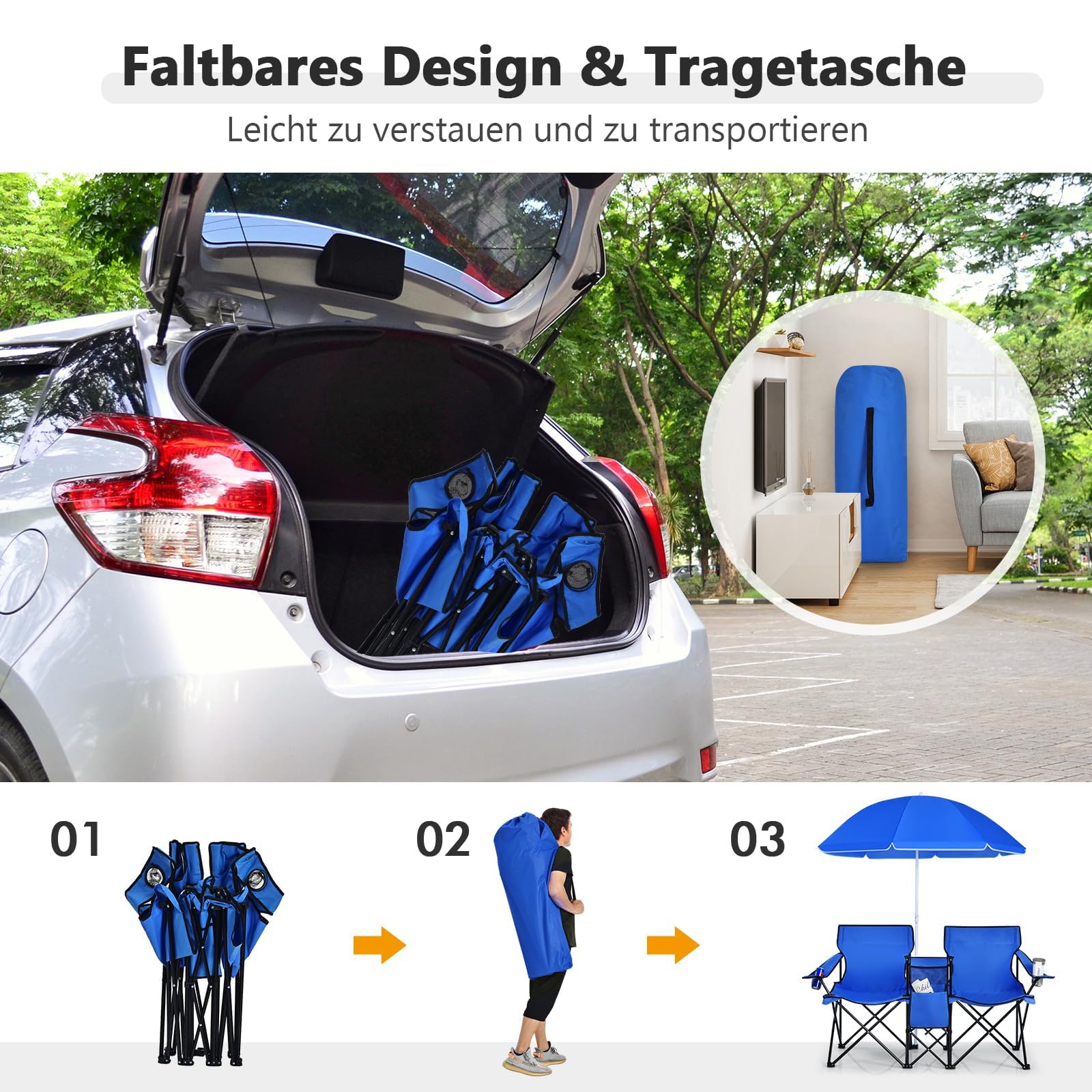 FANTASK Chaise de pêche Pliable avec Un Parasol Amovible, 2 Places, Chaise de Camping avec Sac de Transport, Chaise Pliante
