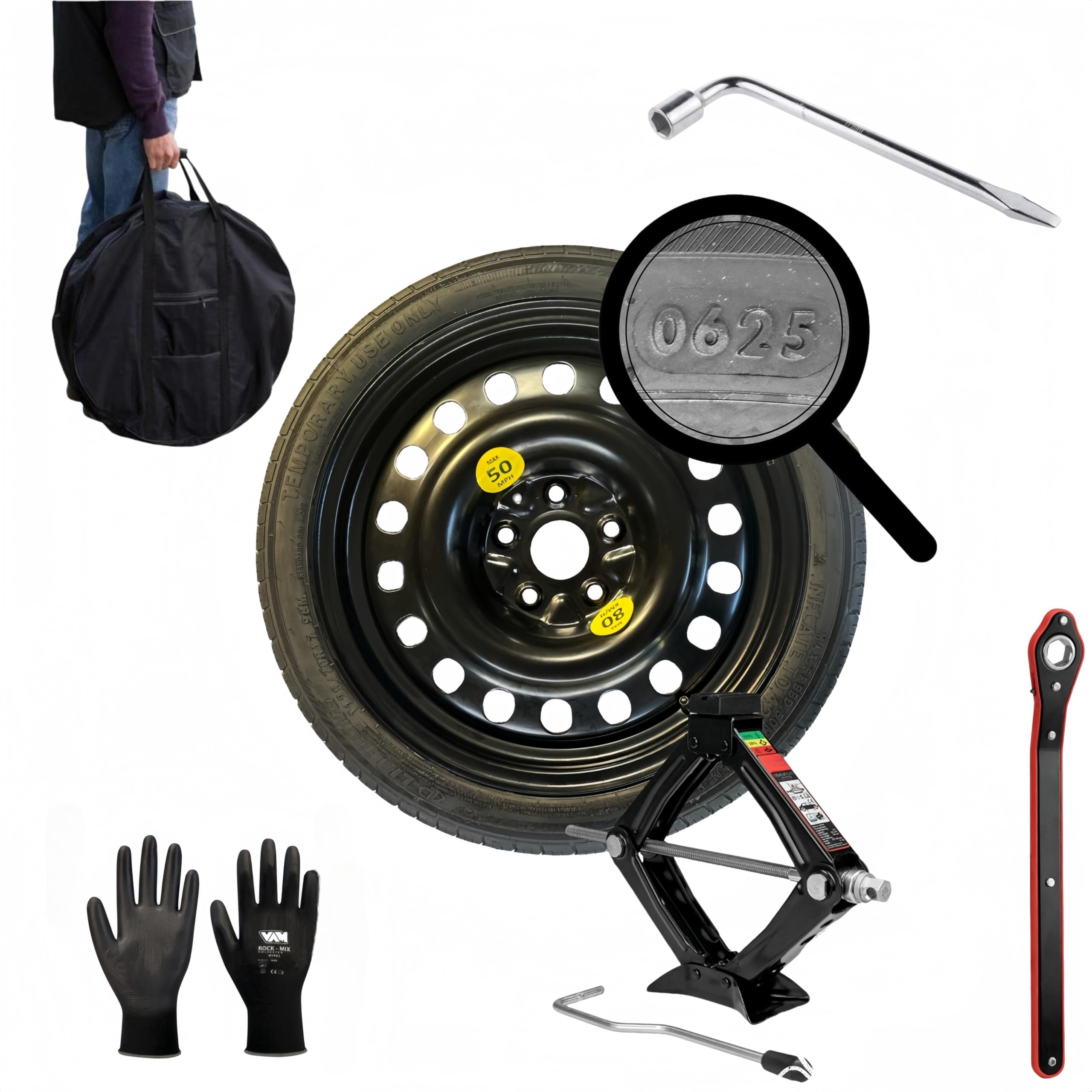KIT RUOTINO DI SCORTA 17" COMPATIBILE CON VW GOLF 7,8 T-ROC, PASSAT, CADDY, TOURAN CON CRIC CHIAVE E SACCA 125/80R17