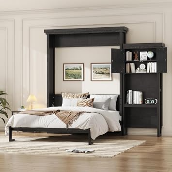 Queen Size Murphy Wall Bed with Multiple Storage Shelves and Louvered Style Decoration, Foldable Wooden Platform Bed Frame for Bedroom, Guest Room, Space-Saving Design Black-07