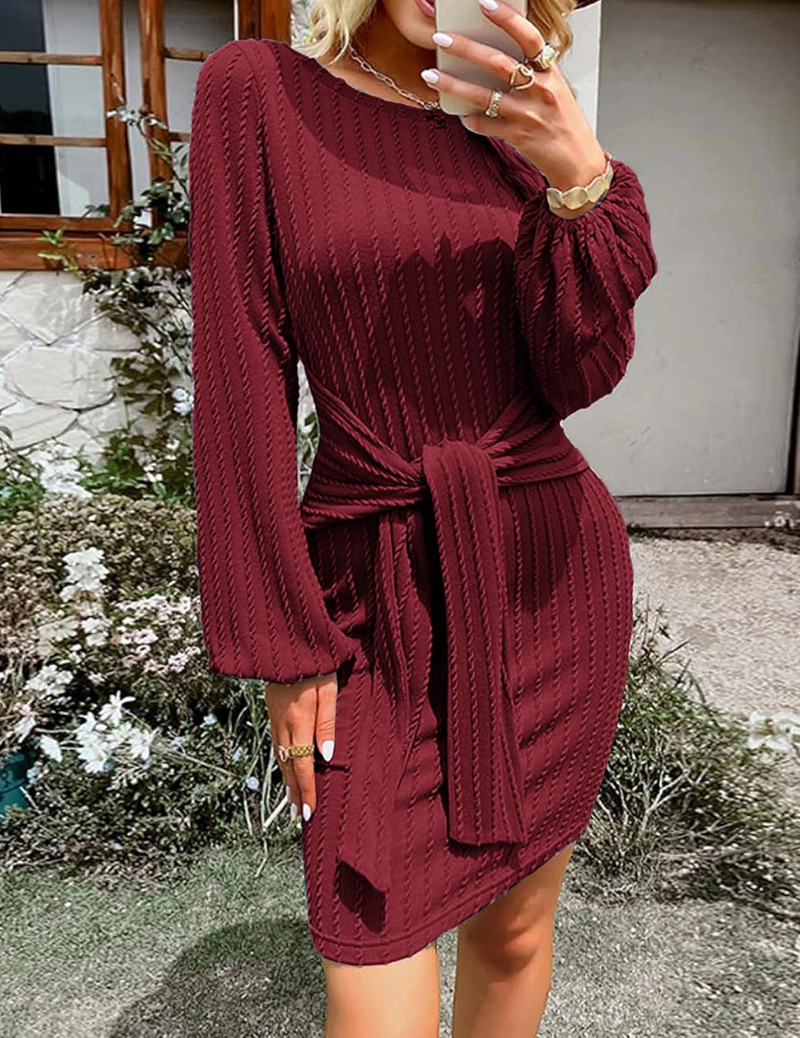Zeagoo Women's Casual Knit Dress Fall Long Sleeve Bodycon Dress Crewneck Tie Waist Rib Knitted Sweater Dresses - Image 3