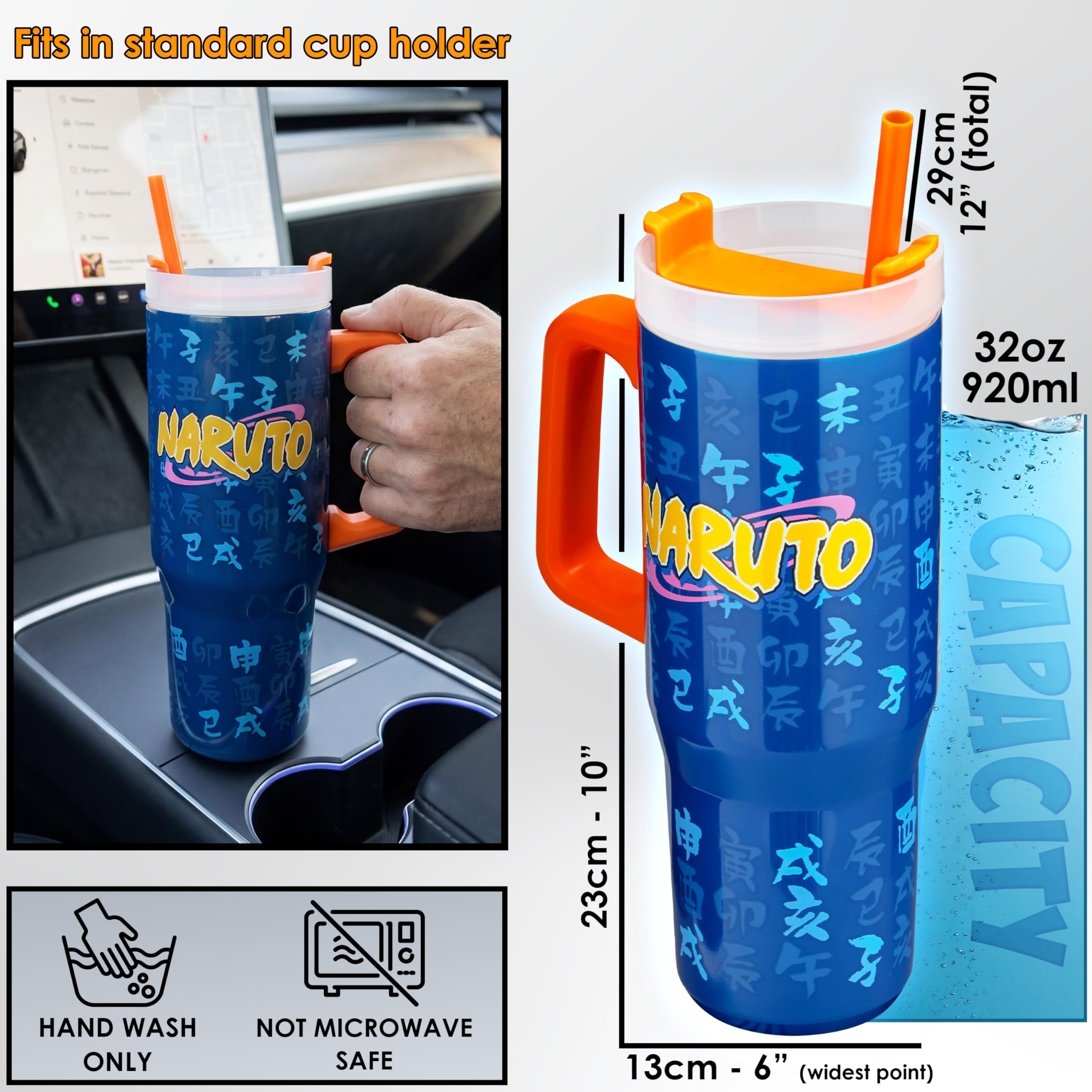 Get Trend Izolowany kubek Naruto 920 ml, podwójny kubek ze stali nierdzewnej z uchwytem i słomką, 42 godziny lodu, 12 godzin zimna i ciepła 8H, zapobiegający wyciekom bez BPA, sportowa butelka na