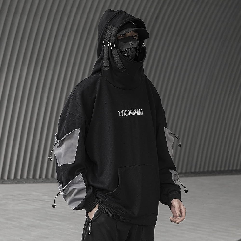 Compre Black Urban Techwear Hoodie com Estilo Cyberpunk