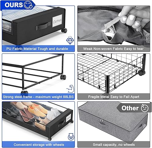Miniatura 2 de Beborxue Almacenamiento Debajo de la Cama con Ruedas, Juego de 4 Contenedores de Almacenamiento Debajo de la Cama con Tapas Transparentes, XXL 60L
