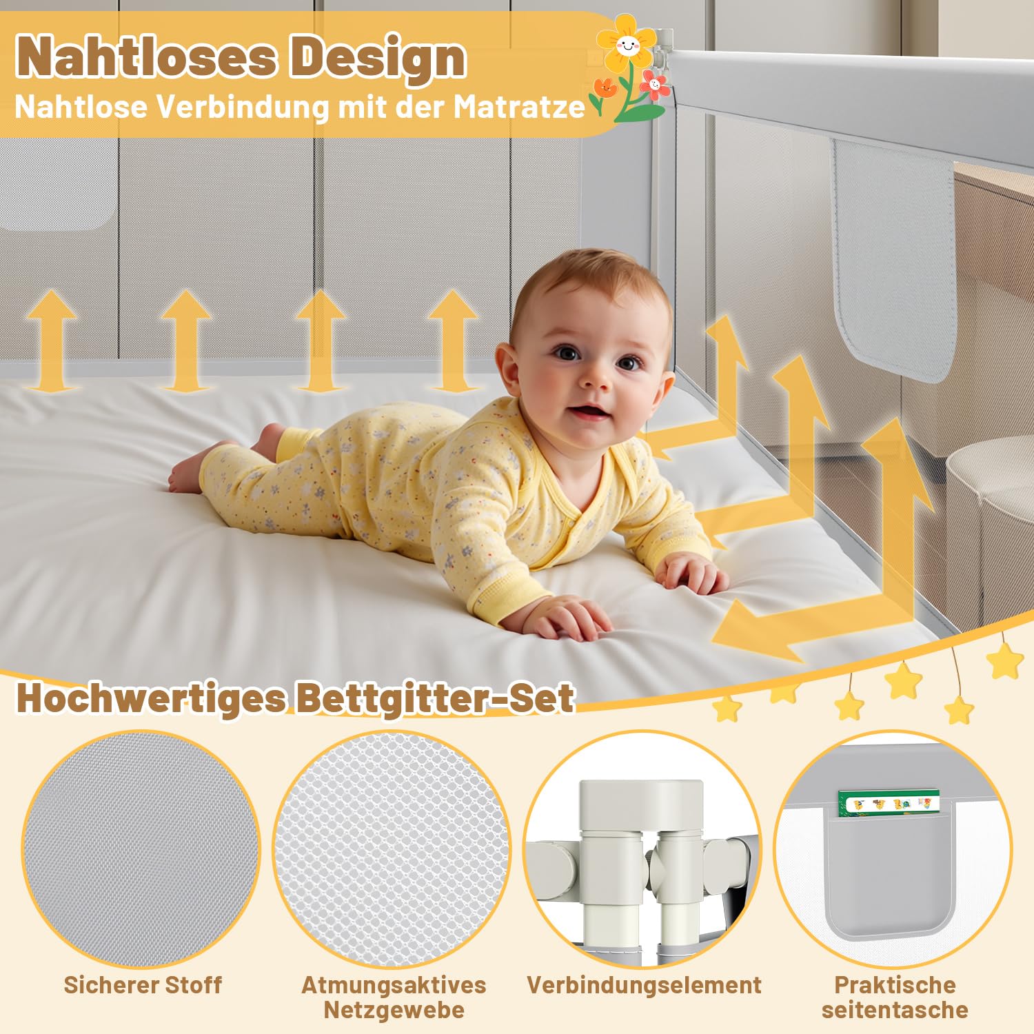 Bettgitter 200cm, Bettgitter Rausfallschutz Bett Höhenverstellbar 64-96cm, Bettschutzgitter Kinderbettgitter mit Luftiges Netz für Kinder & Elternbetten, Grau