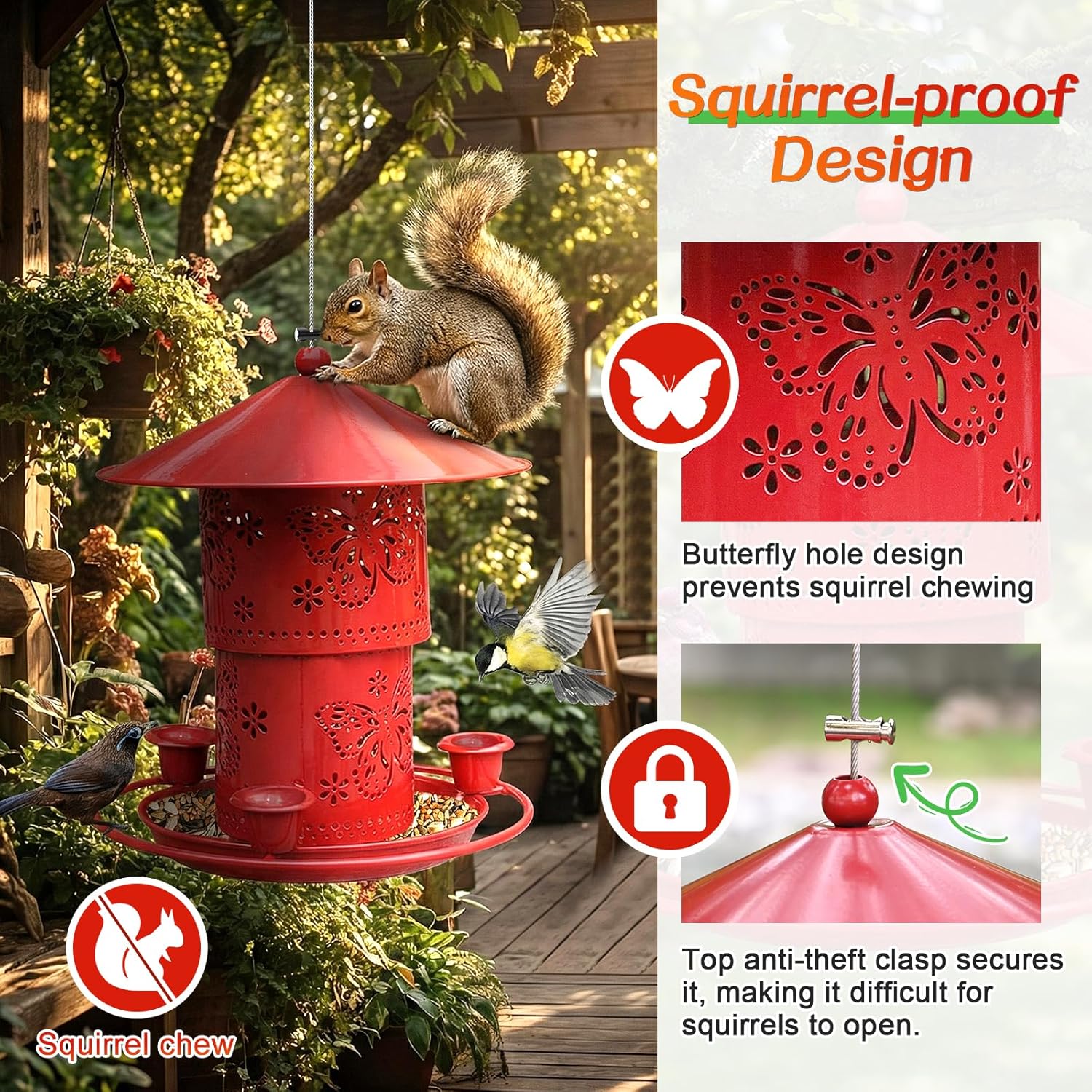 MIGHTYDUTY Wild Bird Feeders Hanging Squirrel Proof Bird Feeder 50 Ounces Large Capacity Foldable Metal Bird Seed Feeders with 3 Water Cups for Small Birds for Outdoors Garden Backyard (Red)
