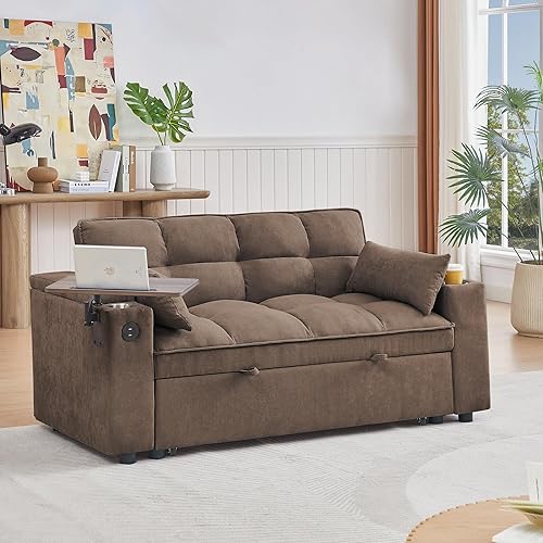 3 in 1 Convertible Sleeper Sofa Pull Out Couch Bed, 65" Oversized Padded Futon Loveseat Recliner Daybed w/Reclining Backrest,Storage Armrest,USB Port, Side Table