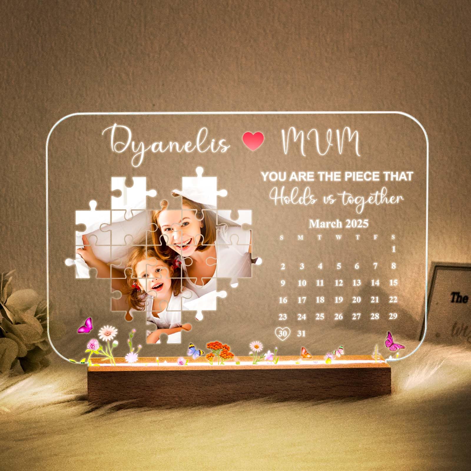The Day I Found My Missing Piece Light Frame Mothers Day Gifts for Mum Custom Photo Frame with Night Light Personalised Calendar Acrylic Puzzle Plaque Picture Gifts for Grandma Granny