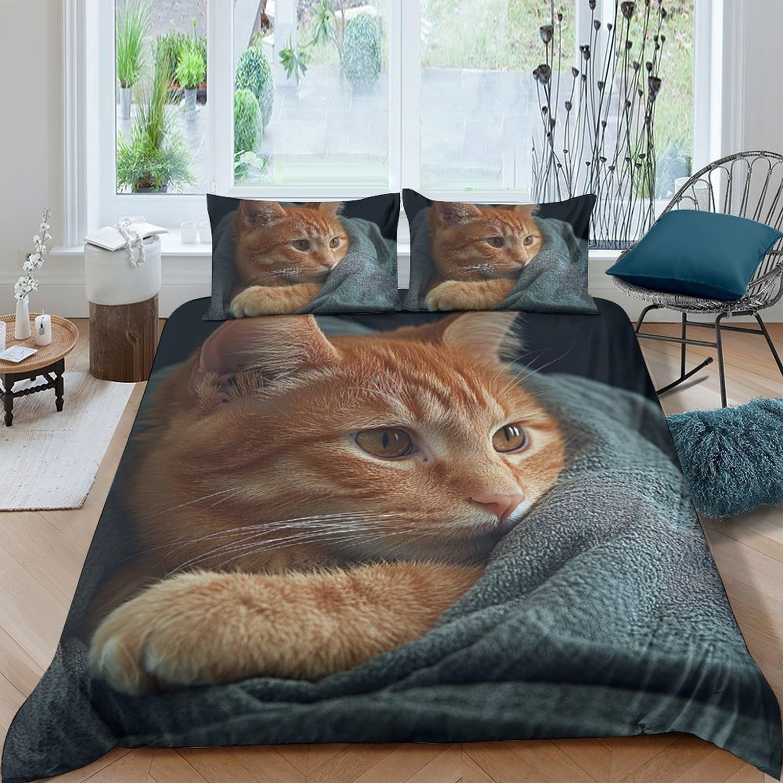 TUFRTGYHN 3D Printed Ginger Cat Duvet Cover Microfiber Soft Breathable Blanket Cat Bedding Set with 2 Pillowcases for Bedroom Decor Single（135x200cm）
