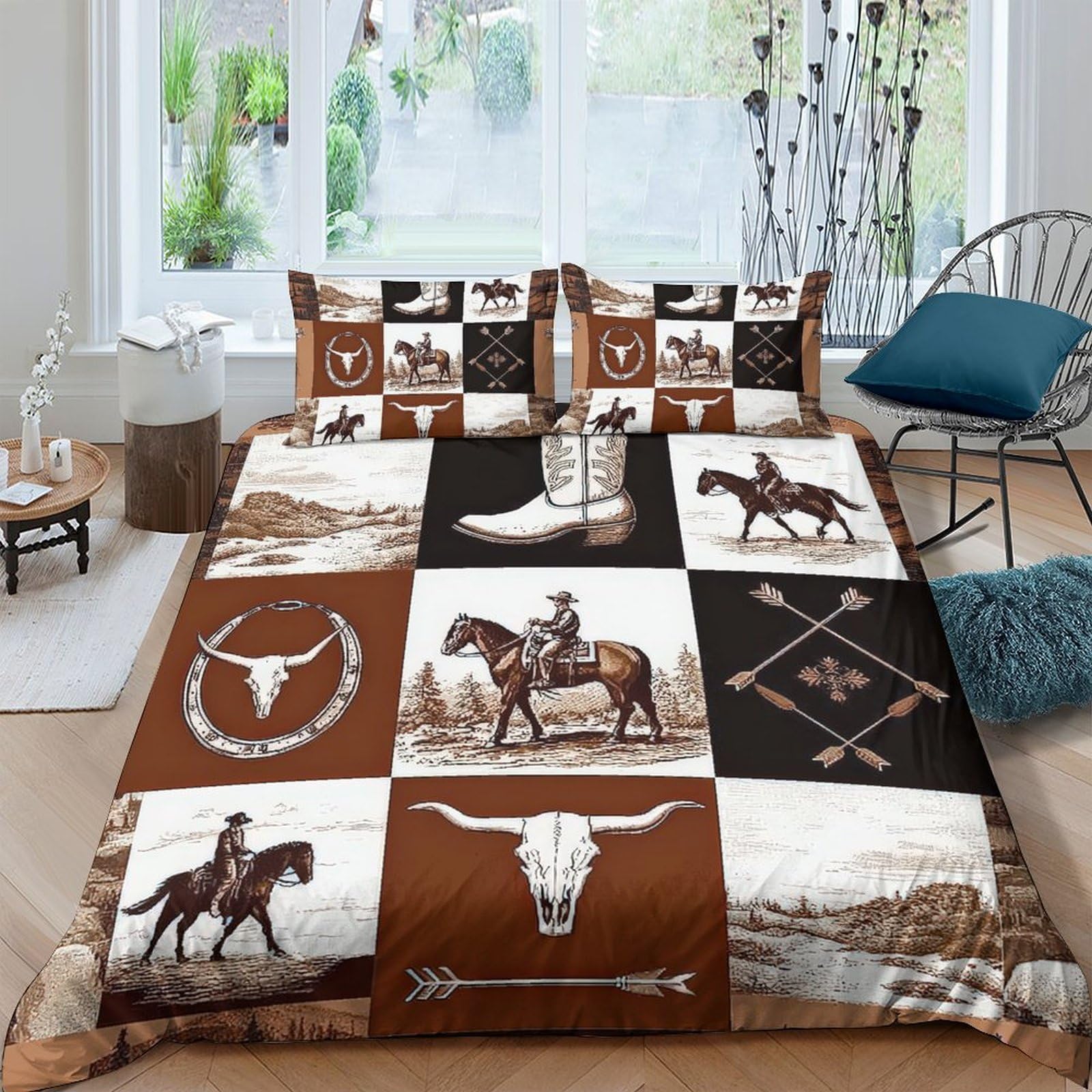 Ctjqhvkz Style-2 3D Printed Western Cowboy Fitted Sheet Microfiber Soft Brown Black Horse Skull Mattress Cover Bedroom Decor Single（135X200cm）