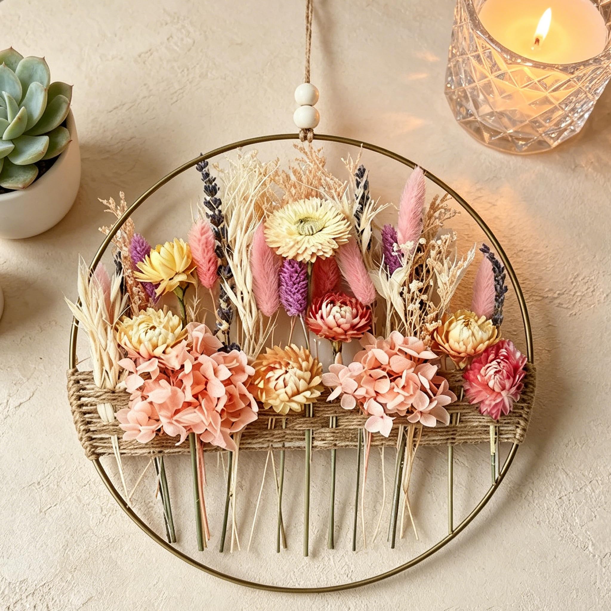 Türkranz Herbst Frühling Sommer Deko Trockenblumenkranz Mit Metallring und Hanfseil, Boho Wanddekoration, Natürliche Getrocknete Blumen, Romantisches Design (E)