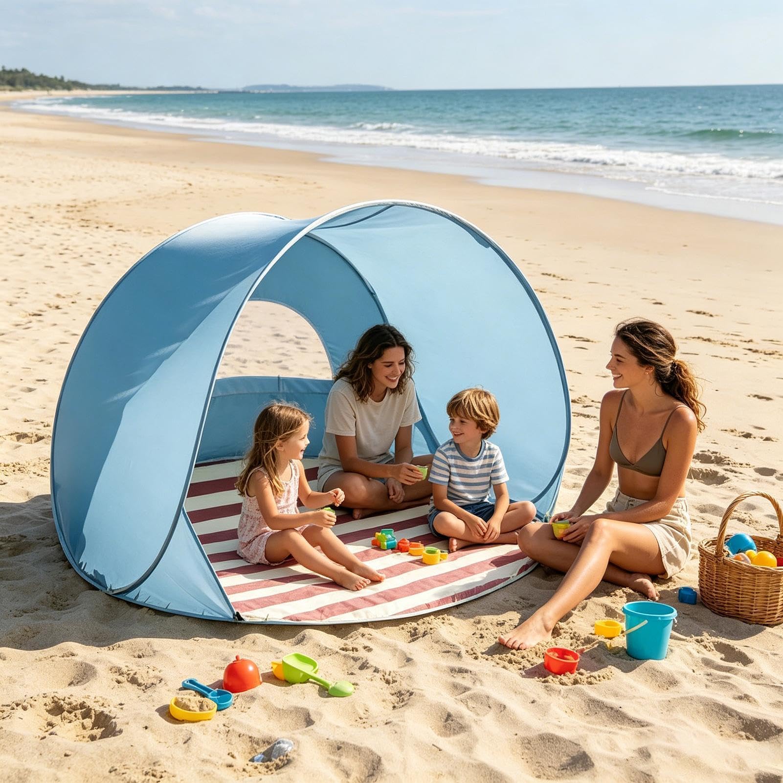 Tenda Da Spiaggia Portatile Automatica Per 3-4 Persone - Ombreggiatura Solare UPF 50+, Tenda Popup Facile Da Montare Con Finestre Ventilate, Astucci e Piccheti Per Spiaggia, Campeggio, Picnic, Parcoes