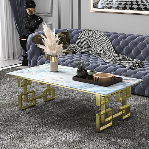 Miniatura 5 de Mesa de centro dorada, mesa rectangular de lujo, mesa central moderna con piedra microcristalina para sala de estar, sala de invitados, sala de