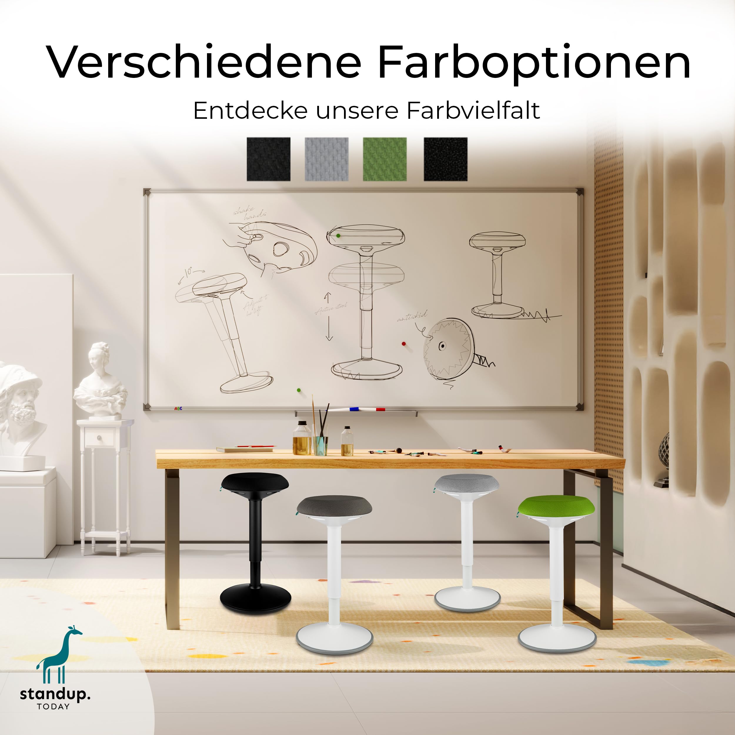 standup.Today Wackelhocker Ella (Schwarz/Schwarz) – Sitzhocker höhenverstellbar 55-80 cm – Ergonomischer Hocker für Büro & Zuhause – Bürohocker mit Schwingeffekt – Schreibtischhocker