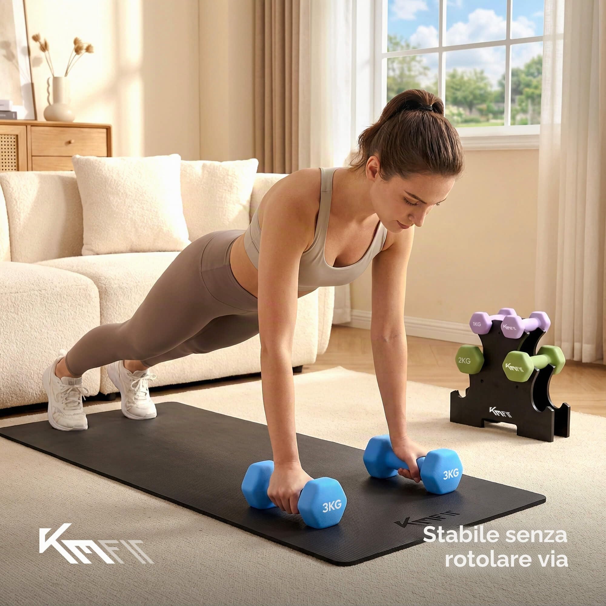 KM-Fit Set manubri 12 kg con supporto | Manubri in neoprene 1–3 kg | Impugnatura ergonomica in ghisa antiscivolo | Antirotolamento | Fitness & allenamento forza a casa