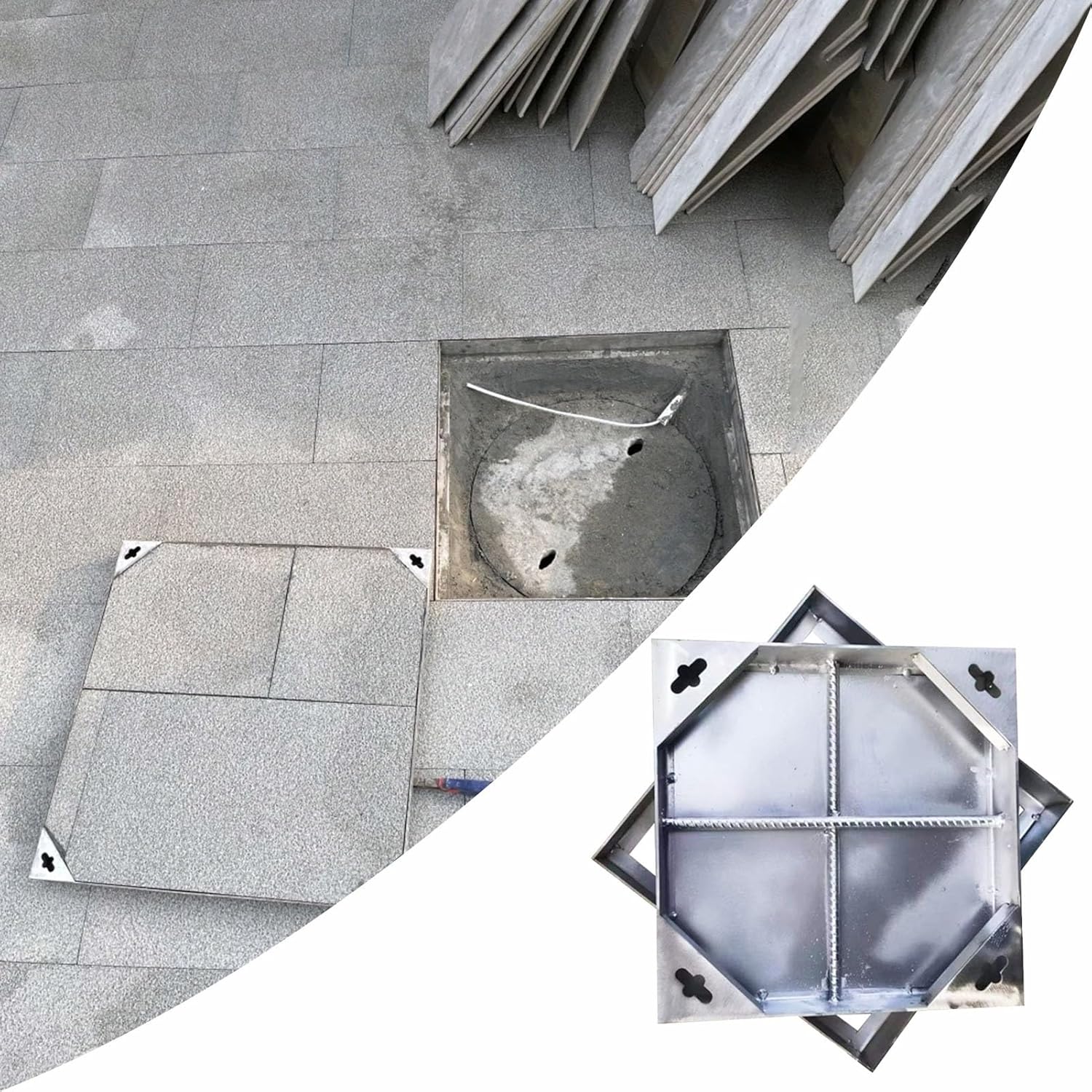 Removable Square Septic Tank Cover with Frame80x80x8cm Outdoor Drainage Lid Sturdy Flush Cover for Driveway & Courtyard Integrated Basin Treatment Solution