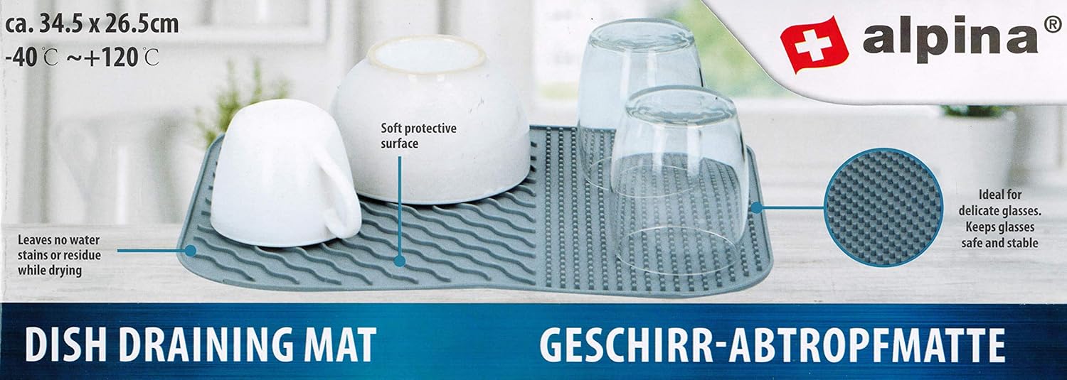 alpina Dish Drying Mat Sink - Kitchen Accessories - Silicone Kitchen Mat with Ribs - Kitchen Sink Drying Mat Dishwasher Safe 34.5 x 26.5 cm - Grey