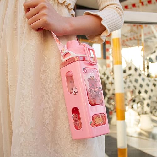 Vista 4 de Kawaii Water Bottle for Girls Cute Kids Water Bottles with Straw Square Drinking Bottle, Portable Leakproof Water Jug for School, 24 oz (Pink-700ml)
