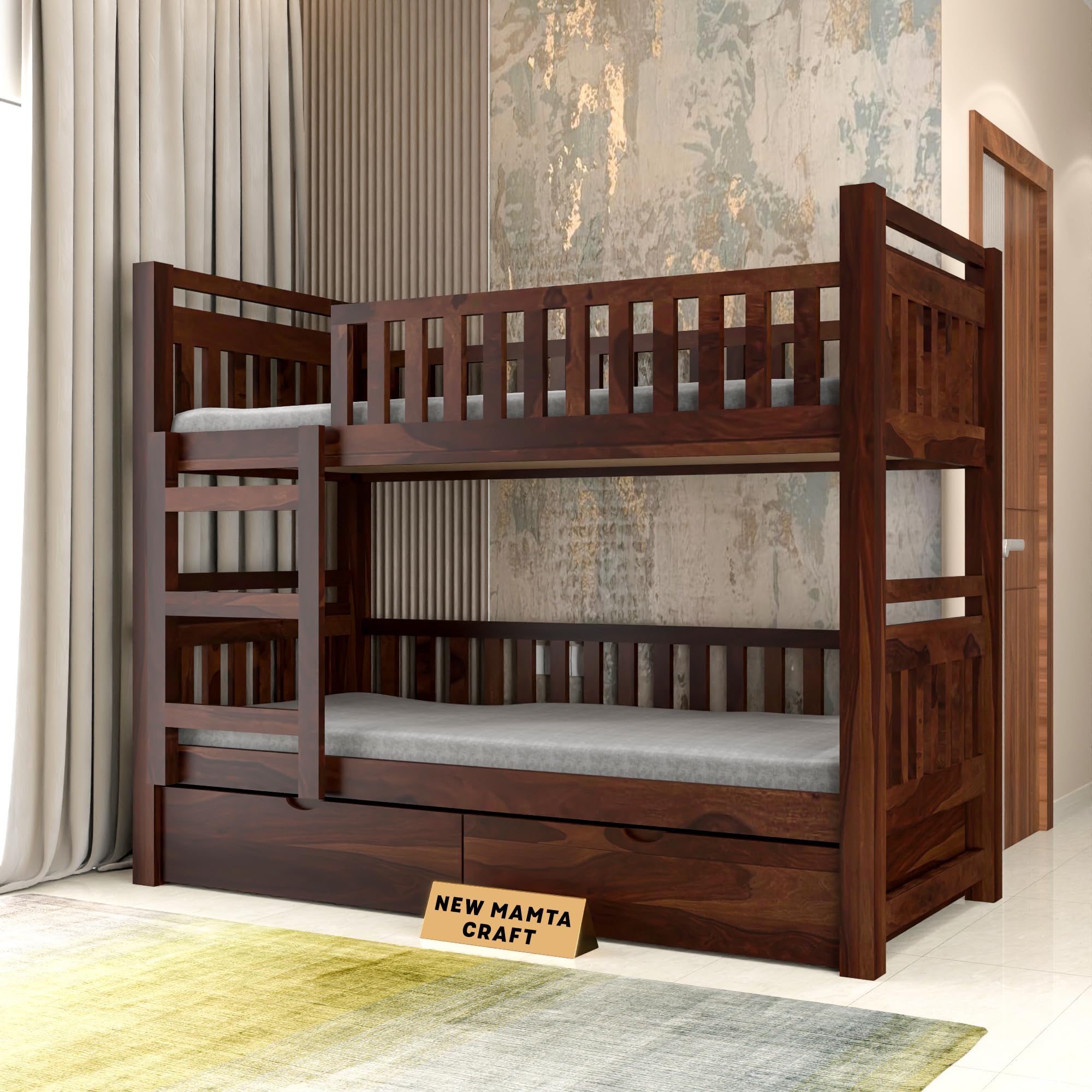 NEW MAMTA CRAFT Solid Sheesham Wood Bunk Bed Twin Over Bed with Ladder Wooden Bunk Bed with 2 Drawer Storage for Bedroom Living Room Home (Walnut Finish)-picture-12