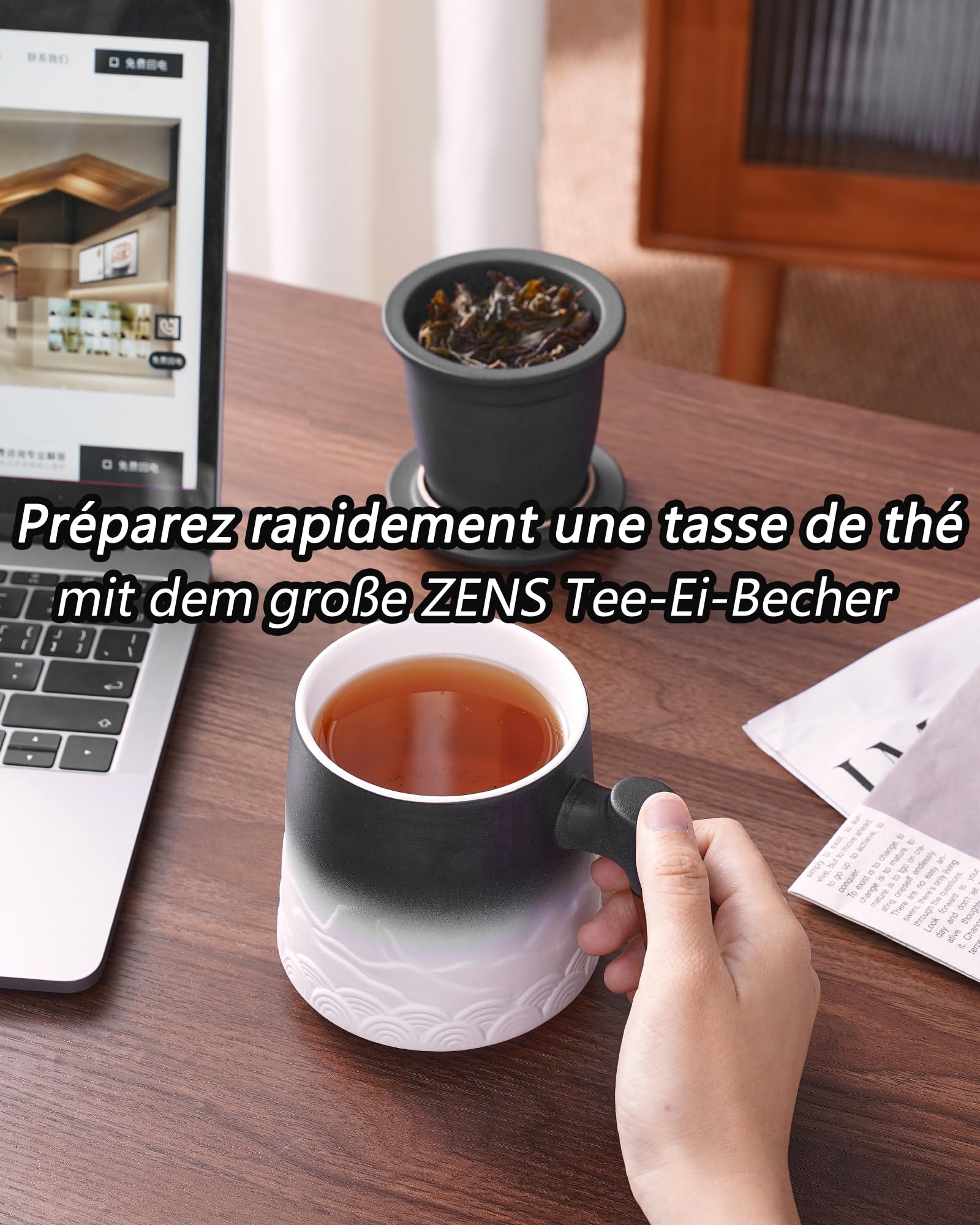 ZENS Taza de té con infusor y tapa, 500 ml - Taza de cerámica con relieve para té de hojas, mango de madera - Taza con filtro para amantes del té, blanco y negro