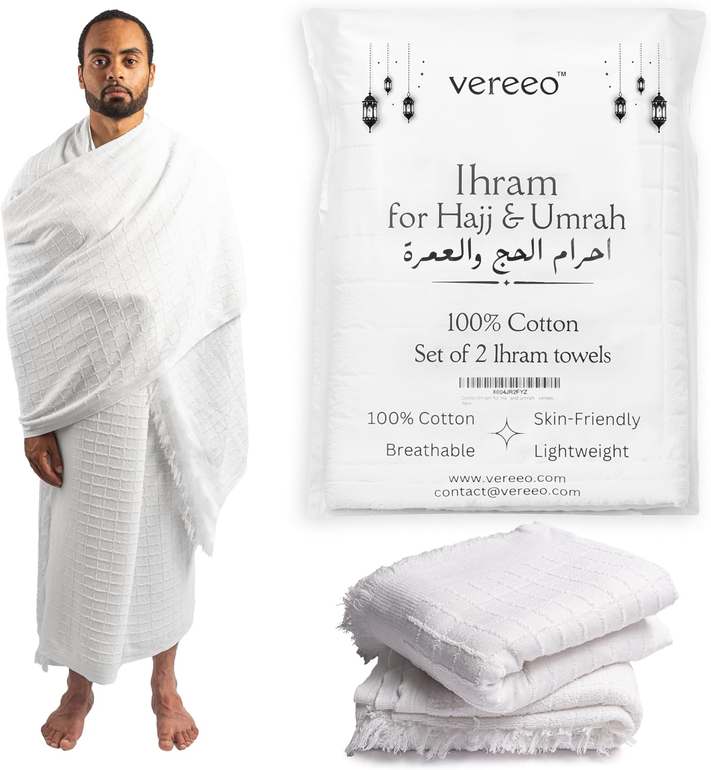 Premium Men's Ihram Set for Hajj & Umrah - 2-Piece White Non Stitched 100% Cotton Towels | Ehram Ahram | Lightweight, Breathable & Comfortable | Reusable | Shariah Compliant