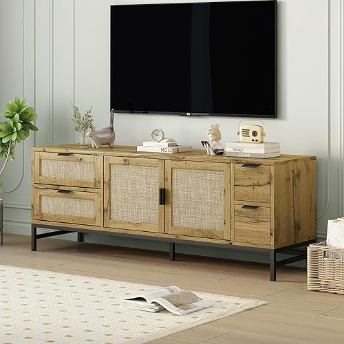 Polibi Elegante soporte de TV con puerta de ratán para televisores de hasta 65 pulgadas, consola multimedia estilo bohemio con estantes ajustables y