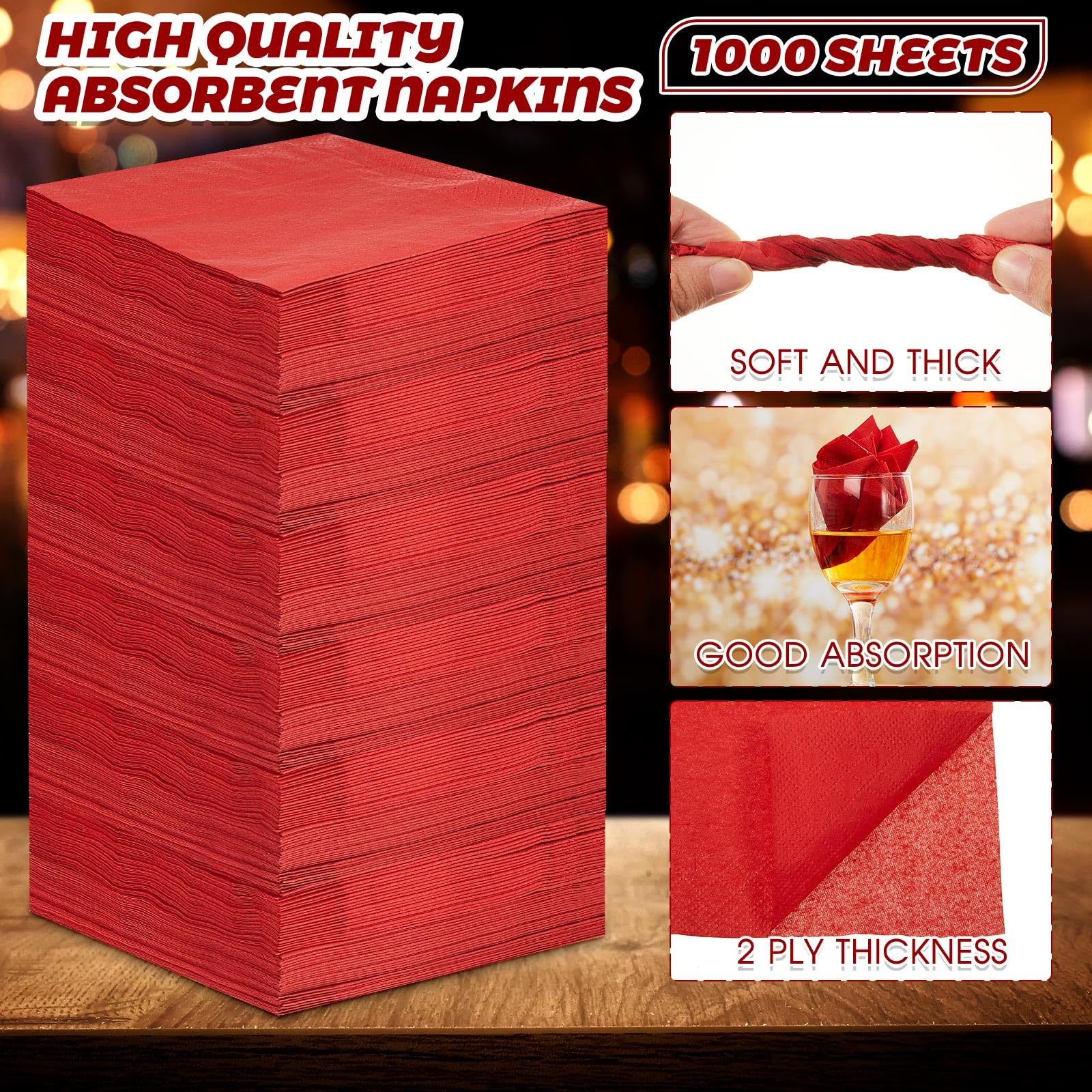 1000 servilletas de cóctel de papel, servilletas de bebidas a granel, servilletas desechables para boda, servilletas elegantes para fiestas y eventos de restaurante (rojo)